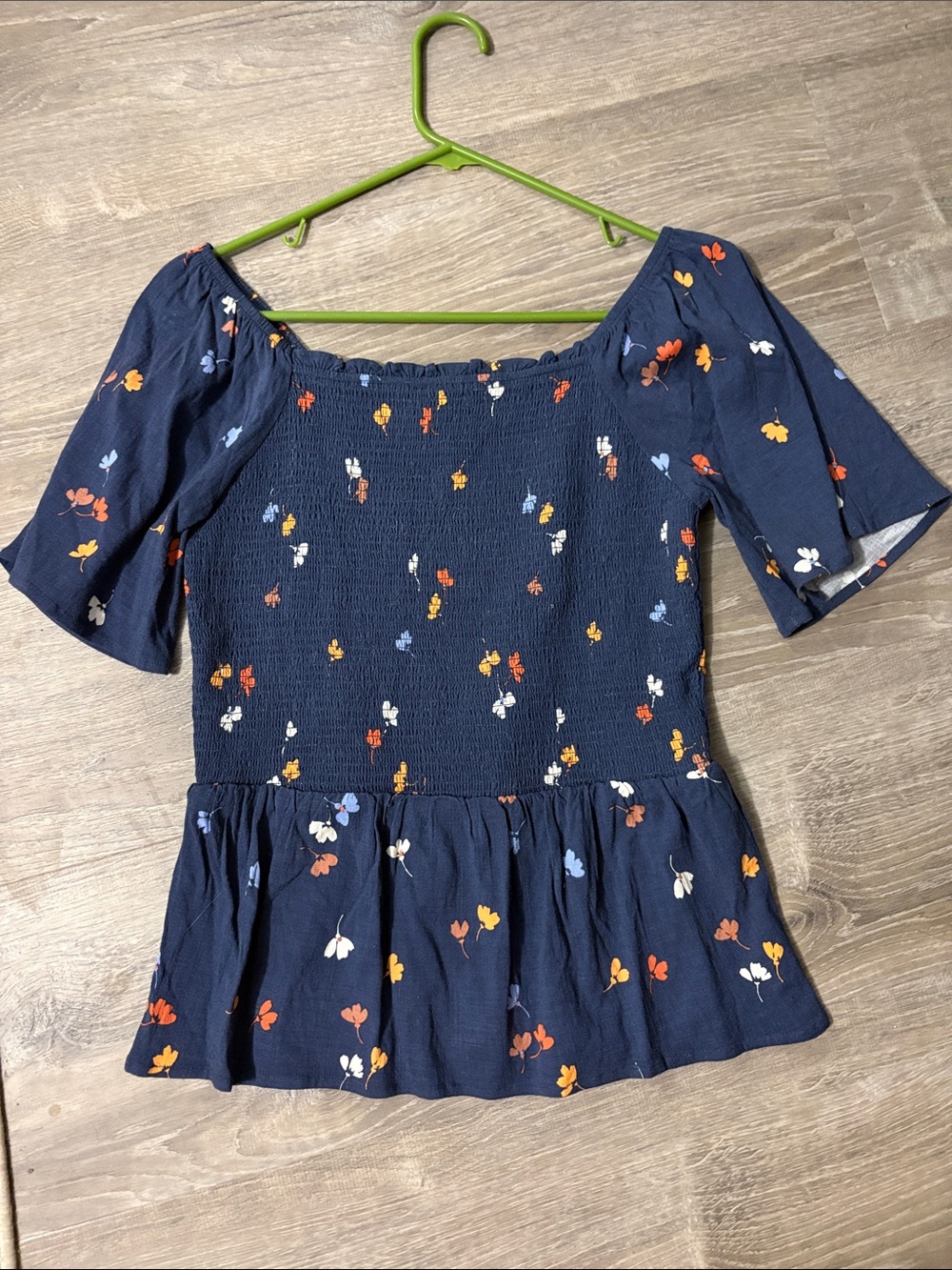 Market & Spruce Navy Floral Smocked Peplum Top - Women's